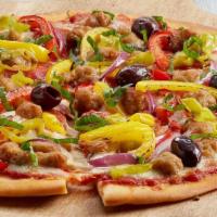 Supreme (P) · Pepperoni, Italian pork sausage, red and yellow bell peppers, red onions, Kalamata olives, p...
