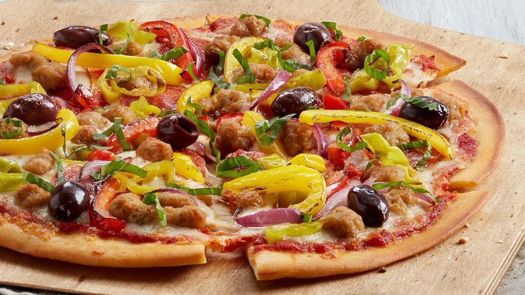 Supreme (P) · Pepperoni, Italian pork sausage, red and yellow bell peppers, red onions, Kalamata olives, pepperoncinis, mozzarella, pizza sauce, topped with fresh basil. Calories are displayed per slice. 6 slices per pizza.