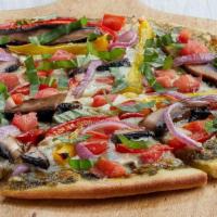 Portabella Veggie · Portabella mushrooms, red and yellow bell peppers, tomatoes, red onions, mozzarella, basil p...