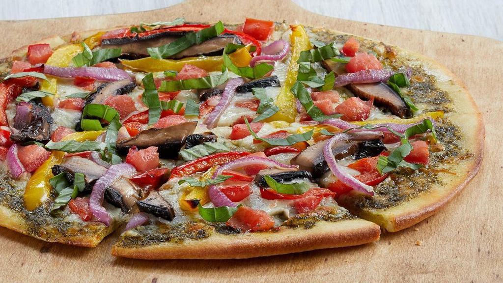 Portabella Veggie · Portabella mushrooms, red and yellow bell peppers, tomatoes, red onions, mozzarella, basil pesto, topped with fresh basil. (V) Calories are displayed per slice. 6 slices per pizza.