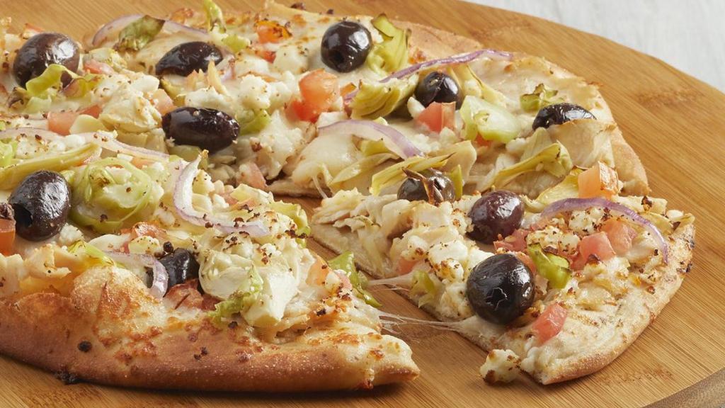 Mediterranean · All-natural chicken, tomatoes, Kalamata olives, artichoke hearts, pepperoncinis, red onions, mozzarella, feta, garlic olive oil. Calories are displayed per slice. 6 slices per pizza.