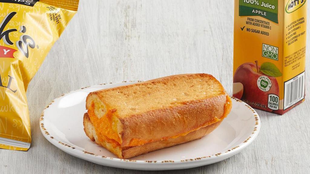 Kid'S Grilled Cheese · Aged cheddar cheese melted onto French Parisian bread with choice of fruit (45 cal), applesauce (40 cal) or bag of chips (140-300 cal). For kids 12 and under. Includes kid’s fountain beverage (0-170 cal), apple juice (100 cal) or whole milk (150 cal). (V)