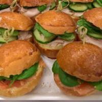Mini Morning Sliders Platter · Twenty-four  Mini breakfast sandwiches on Brioche slider buns (Eight Ham, Eight Sausage, and...