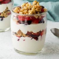 Fruit & Yogurt With Granola Parfaits · (Serves 10). Ten individual parfaits featuring vanilla yogurt with fresh seasonal fruit and ...