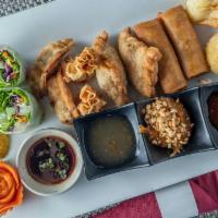 Thai Sampler - 2 · Two fried wontons, two golden money bags, two mini curry puffs, two crab rangoon, two fresh ...