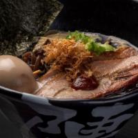 Jinya Tonkotsu Black · Pork broth - pork chashu, kikurage, green onion, nori dried seaweed, seasoned egg, garlic ch...