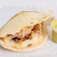 Arepa De Carne / Beef Corn Cake · Arepa, carne, queso y salsa rosa. / Corn cake, with meat, cheese and pink sauce.