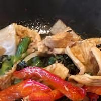 Moo Goo Gai Pan · Stir fried chicken and vegetable dish.