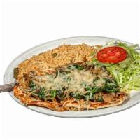 Pollo Fuentes · Two chicken breast with onions, spinach and mushrooms, topped with chihuahua cheese, served ...