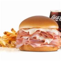 Big Hot Ham 'N' Cheese™ Combo · Sliced ham and melted Swiss cheese, served on a potato bun. Served with Fries and a Soft Dri...