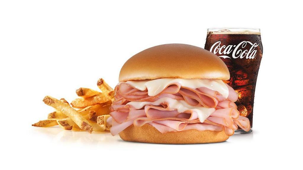 Big Hot Ham 'N' Cheese™ Combo · Sliced ham and melted Swiss cheese, served on a potato bun. Served with Fries and a Beverage.