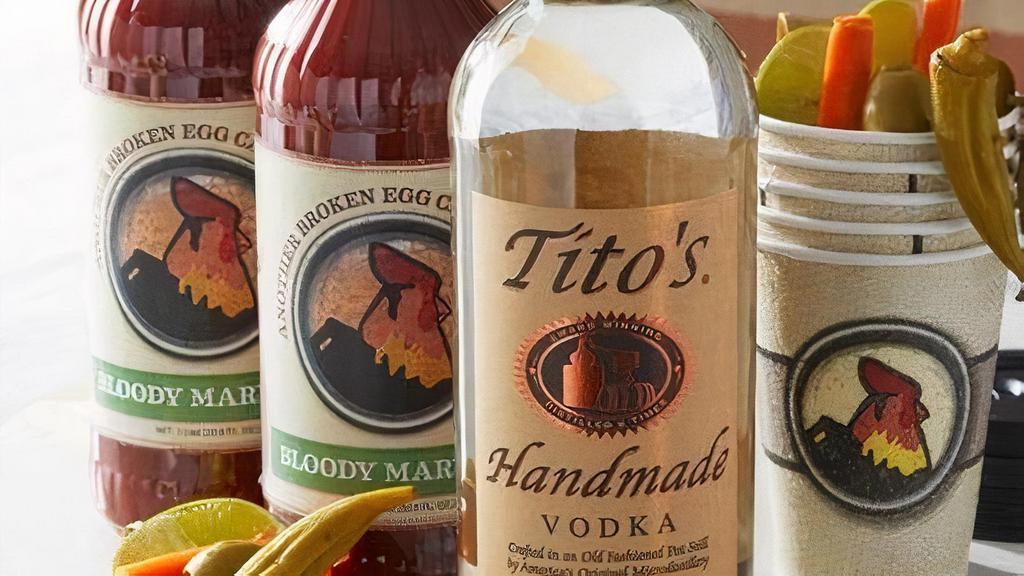 Make-It-Yourself Bloody Mary Kit With Titos, 1L Vodka (40% Abv) · 2 Bottles of ABE Bloody Mary Mix, 1 bottle of Tito's Handmade Vodka, 4 garnish skewers, and 4 to-go cups. Food purchase required