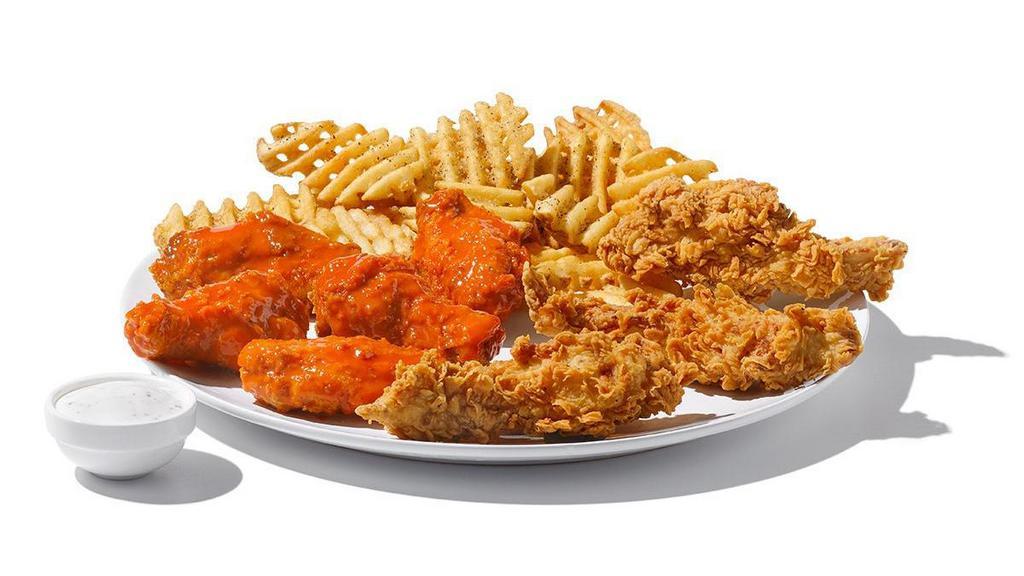 Tenders/5Pc Bone-In Wings & Waffle Fries · Crispy, hand-breaded tenders (3) perfect for dipping in your favorite sauce or dressing and choice of wings (5) tossed in choice of sauce/dry rub.  1260-1670 cal