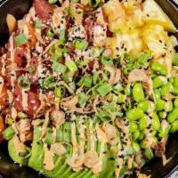 Hawaii 5.0 · Salmon, tuna, pineapple, sesame seed, scallions, avocado, fried onion, shoyu, sesame oil.