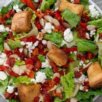 Mama Mia · romaine greens, sun-dried tomatoes, roasted red peppers, goat cheese, sliced almonds, Classi...
