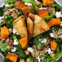 K&Q · kale & quinoa, romaine greens, roasted sweet potatoes, garbanzo beans, goat cheese, sliced a...