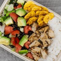 El Caribe With Jasmine Rice · iceberg greens, plum tomatoes, avocado, black beans, cucumbers, fire roasted chicken, Citrus...