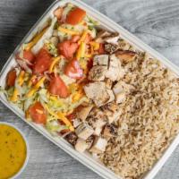 G•R•D•No Chop With Brown Rice · iceberg greens, plum tomatoes, cheddar cheese, fire roasted chicken & Creamy Curry sauce