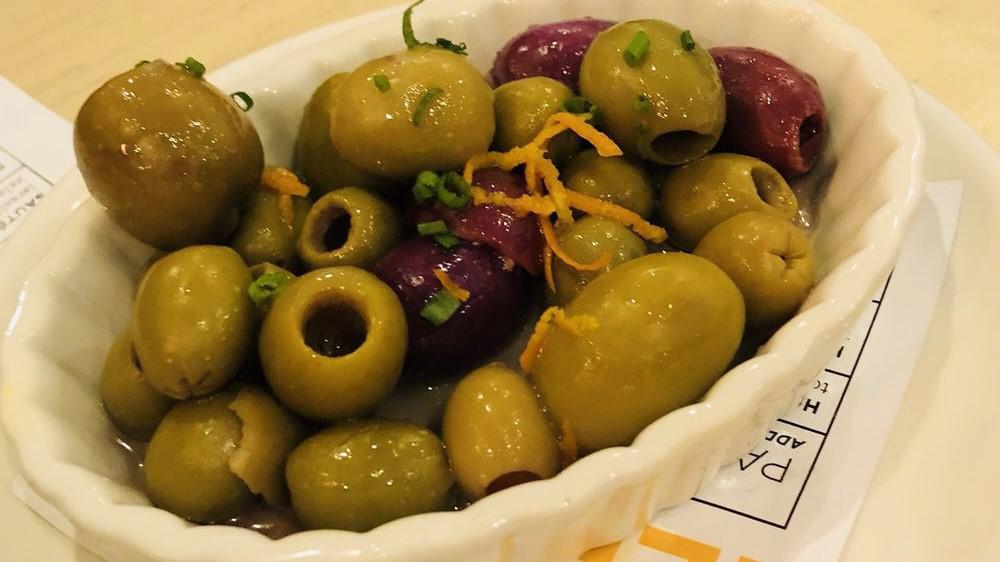 Marinated Olives · mixed olives, garlic oil, orange zest, chives; vegan; gluten-free
