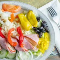 Antipasto Salad · Lettuce, tomatoes, cucumbers, onions, pepperoncini, black olives, gardiniara, roasted red pe...