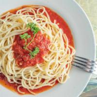 Pasta With Marinara Lunch · Served with three garlic rolls. Add meatballs or sausage for an additional charge.