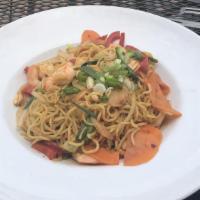 Kung Pao Noodle  · Noodles stir-fried with a spicy chili-garlic sauce,
scallions, peanuts, hot chili peppers, b...