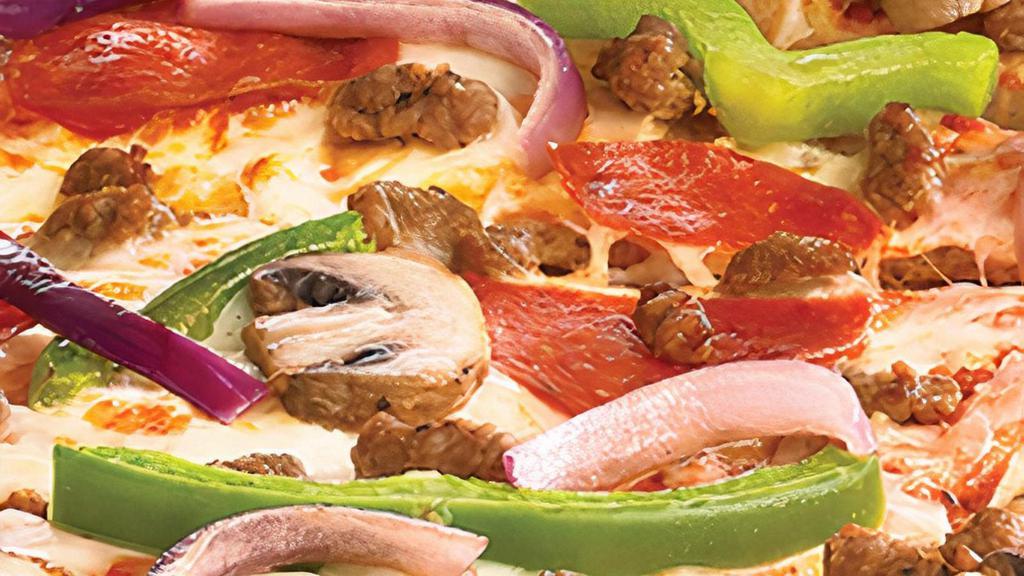 Supreme · Traditional crust brushed with garlic butter and topped with tomato sauce, 100% real cheese, pepperoni, beef, sausage, red onions, green peppers and mushrooms. . Medium and Large: 10 slices. Giant, Deep Dish, Flatbread, and Stuffed Crust: 12 slices.  *Calories listed are by slice