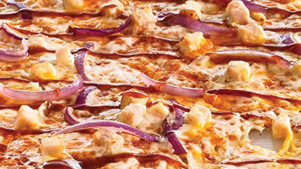Bbq Chicken · Traditional crust brushed with garlic butter with 100% real cheese, cheddar, premium chicken and sliced red onion drizzled with our Honey BBQ Sauce.. Medium and Large: 10 slices. Giant, Deep Dish, Flatbread, and Stuffed Crust: 12 slices.  *Calories listed are by slice