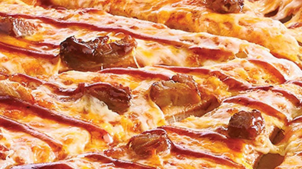 Bbq Pork · Traditional crust brushed with garlic butter and topped sweet and tangy honey BBQ sauce with seasoned pulled pork, 100% real cheese, and cheddar.. Medium and Large: 10 slices. Giant, Deep Dish, Flatbread, and Stuffed Crust: 12 slices.  *Calories listed are by slice