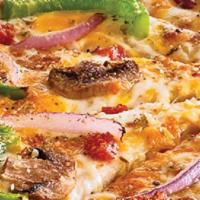 Zesty Veggie · Traditional crust brushed with garlic butter and topped with Zesty Parmesan Ranch sauce, 100...