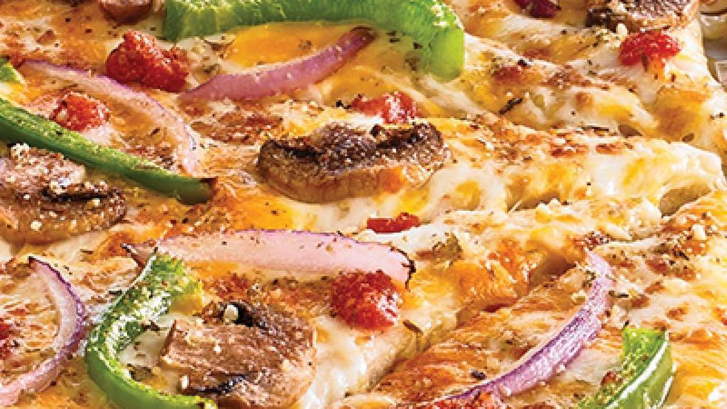 Zesty Veggie · Traditional crust brushed with garlic butter and topped with Zesty Parmesan Ranch sauce, 100% real cheddar cheese, mushrooms, red onions, green peppers, tomatoes and Parmesan oregano seasoning.. Medium and Large: 10 slices. Giant, Deep Dish, Flatbread, and Stuffed Crust: 12 slices.  *Calories listed are by slice