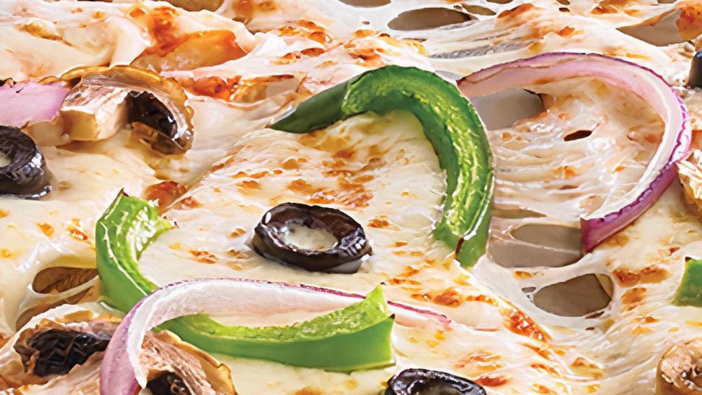 Veggie · Traditional crust brushed with garlic butter and topped with tomato sauce, 100% real cheese, red onions, green peppers, mushrooms and black olives. . Medium and Large: 10 slices. Giant, Deep Dish, Flatbread, and Stuffed Crust: 12 slices.  *Calories listed are by slice