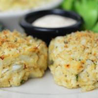 Blue Lump Crab Cakes · Two 4 ounce handmade crab cakes, aioli, choice of two sides