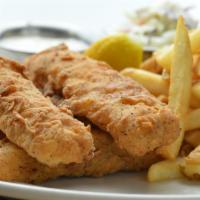 Fish And Chips · Hand breaded cold water cod, coleslaw garnish, dill caper sauce