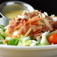 House Salad (Large) · Iceberg and romaine lettuce, almond, egg, bacon, carrot, grape tomato, choice of dressing