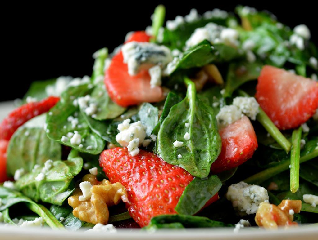 Baby Spinach & Strawberry Salad · Walnuts, crumbled blue cheese, sweet red wine vinaigrette
