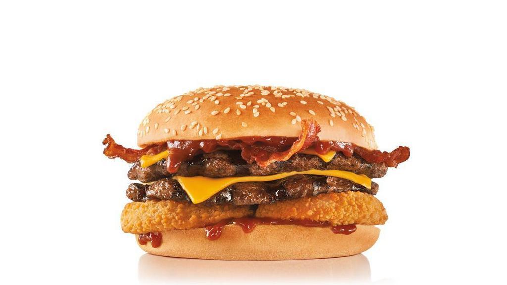 Double Western Bacon Cheeseburger®  · Two charbroiled all-beef patty, two strips of bacon,  American cheese, two crispy onion rings and tangy BBQ sauce on a seeded bun.