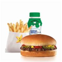 Hamburger Kid'S Meal · Charbroiled all-beef patty topped with dill pickles, ketchup and mustard on a seeded bun. Se...