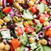Nutrirranean · Spring mix, cherrie tomatoes, red onions, black olive, chickpeas, feta cheese.