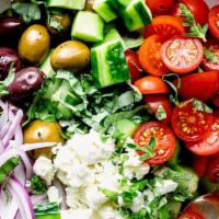 Classic Greek Salad · Romain lettuce, cucumber,cherry tomato, red onions, black olive & feta cheese.