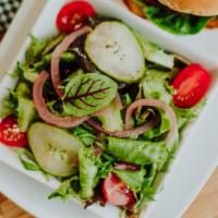 Side Salad · Vegan, vegetarian. Mixed greens, pickled red onion, cherry tomato, cucumber with Malt Vinega...