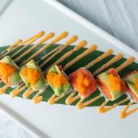 Sushi 99 Roll · Salmon and cream cheese inside, topped with avocado, spicy tuna crunchy, fish eggs and spicy...