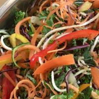 Raw Pad Thai - 12 Oz · Spiralized zucchini, carrot, and butternut squash with kale, cabbage, mint, Thai basil, and ...