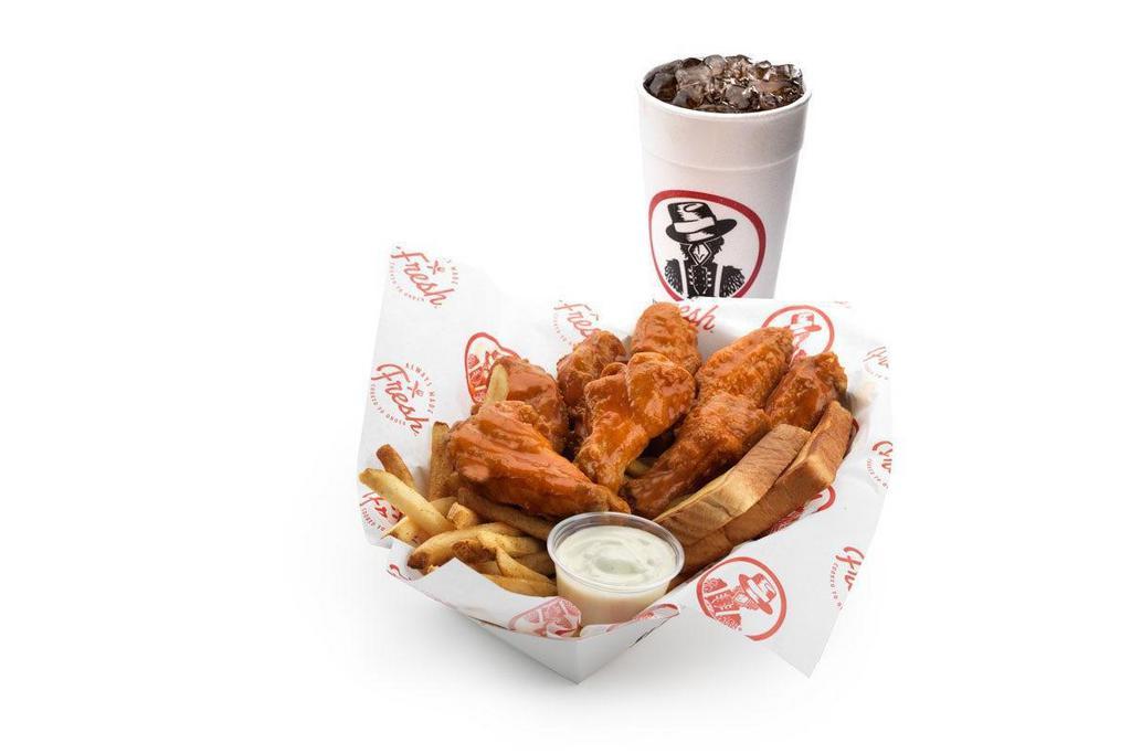 8 Wing Meal · 8 wings, your choice of wing flavor and 2 dipping sauces. Served with Texas toast a side and a drink.