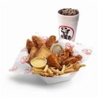 3 & 3 Meal · Wings shaken in the flavor of your choice, with fried or grilled tenders, a side, 2 dipping ...