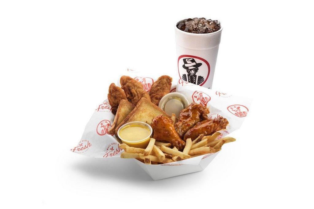 3 & 3 Meal · Wings shaken in the flavor of your choice, with fried or grilled tenders, a side, 2 dipping sauces, and a drink.