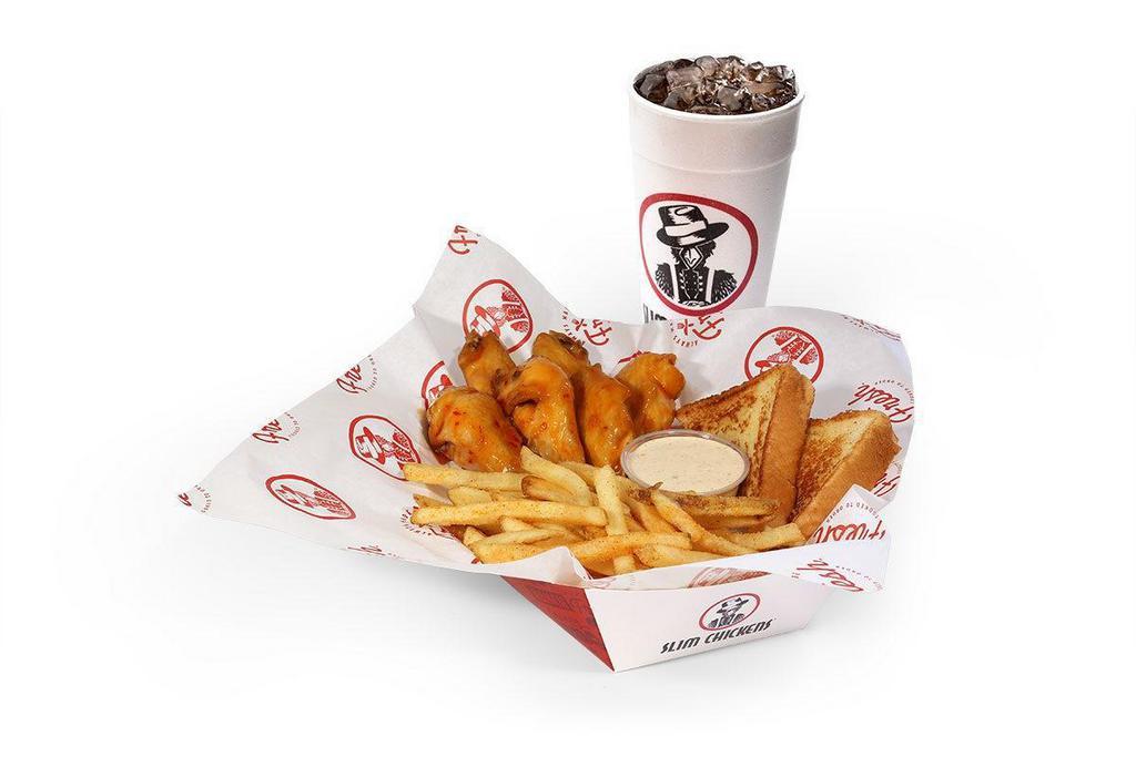 6 Wing Meal · 6 wings, your choice of wing flavor and 1 dipping sauce. Served with Texas toast a side and a drink.