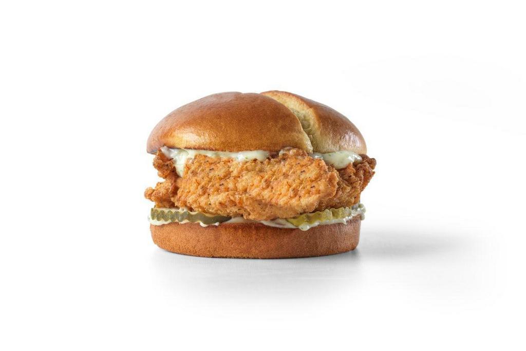 Crispy Chicken Sandwich · *sandwich only*. Fried chicken breast with fresh pickles & ranch mayo on a toasted brioche bun.