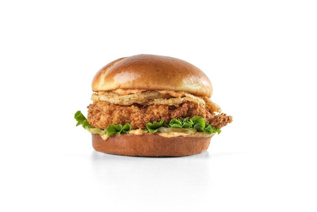 Cayenne Ranch Chicken Sandwich · *sandwich only*. Fried chicken breast with crispy fried onions, lettuce, pickles & cayenne ranch mayo on a toasted brioche bun.