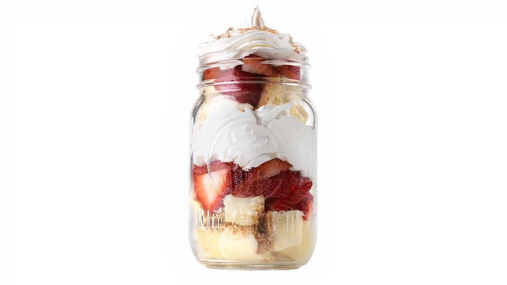 Strawberry Cheesecake Jar Dessert · Cheesecake with strawberries and whipped topping (it's seasonal so it won't last long!). *contains nuts